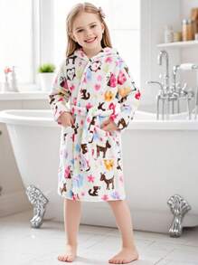 1pc Girls' Cartoon Coral Fleece Hooded Bathrobe, Home Clothes, Gift, Cute