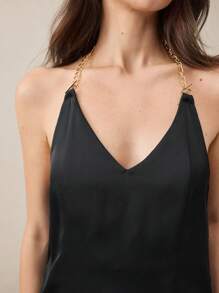 BizChic Áo hai dây hở lưng màu đen thanh lịch cho nữ, đi làm hàng ngày, đi chơi, đám cưới, lễ hội âm nhạc, tốt nghiệp, có dây xích kim loại và dây chéo, mùa hè - màu đen - Xem 6