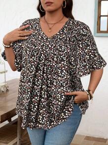 SHEIN LUNE Camicetta casual da donna con scollo a V, maniche arricciate, stampa floreale ditsy, adatta per le vacanze in taglie comode