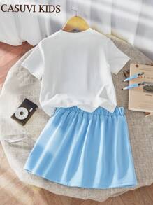 SHEIN 2pcs/Set Young Girl Round Neck Short Sleeve T-Shirt And Mini Skirt, Fashion Summer Set Toddler Girl Clothes 6t - Baby Blue - View 2