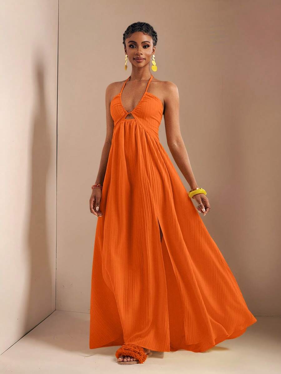 Zivah New Spring And Summer Casual Holiday Halter Neck Strapless Bust, Waist And Back A Swing Skirt With High Slit On The Front To The Thigh, Yellow Sea Stripe Women's Extra Long Dress-B Summer Dresses For Women,Sun Dresses For Women