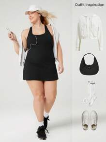 GLOWMODE FeatherFit™-Air Plus Size Peekaboo Strappy Dress With Built-In Anti-Slip Shorts Low Impact Yoga Daily Summer Dress Black Drss Quick Dry Moisture Wicking