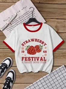 Tween Girls Fruit Strawberry Letter Print Contrast Color Short Sleeve T-Shirt, Casual & Comfortable For Spring/Summer, Birthday Gift