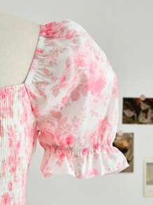SHEIN Adolescent fete cu mâneci bufante în talie înclinată în formă de A, fără spate, cu decor cu fundă, rochie de vacanță ocazională cu imprimeu floral, primăvară și vară