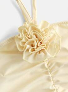 Girlism TEEN GIRL Light Yellow Floral 3D Print Elegant Fitted Camisole With Midi Skirt 2 Pieces Set, Suitable For Weddings - Yellow - View 3