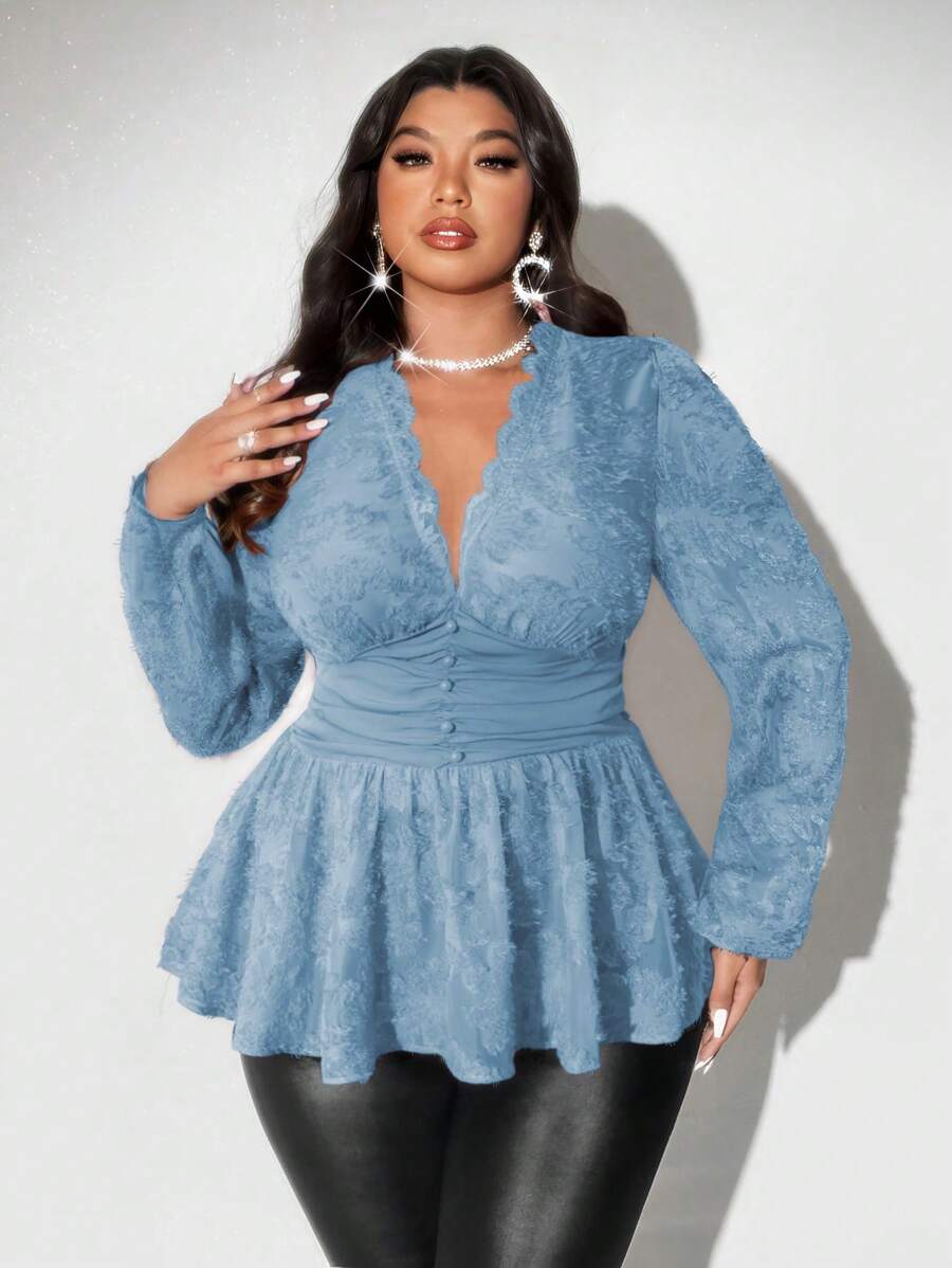 Viva Relle Plus Size Elegant Solid Color Texture Panel Shirt, Suitable For Commuting - Baby Blue - View 1