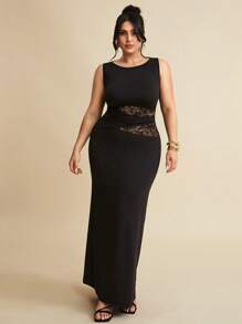 SHEIN BAE 大码女式黑色优雅蕾丝拼接真丝连衣裙/音乐节/海滩度假/婚礼派对礼服，女士生日礼服 - 黑色 - 查看 7