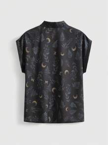 ROMWE Goth Camisa informal de mujer con estampado completo de luna y planta con estilo gótico