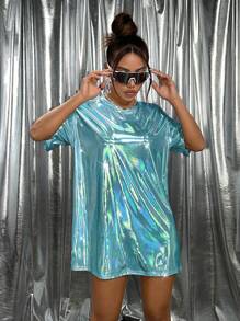 SHEIN ICON 女士圆领宽松超大偏光涂层 T 恤连衣裙 - 水鴨藍 - 查看 5