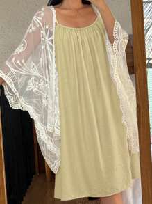 DAZY 2pcs Set Women Lace Cami Sleep Dress And Robe Pajama Set, Loose Fit, Fall Winter Clothes - Yellow - View 5