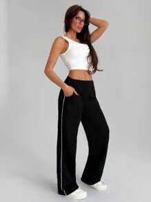 EURMUSE Women Solid Color White Striped Detailed Wide Leg Pants - Black and White - View 4