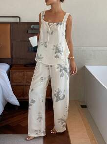 Livesso Conjunto de pijama con top sin mangas de cuello de corbata con estampado completo de estilo chino y pantalones rectos - Azul - Ver 1