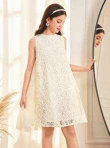 SHEIN Tween Girls Elegant Loose Fit A-Line Embroidered Lace Multilayer Ruffle Mesh Pleat Sleeveless Dress - Apricot - View 5