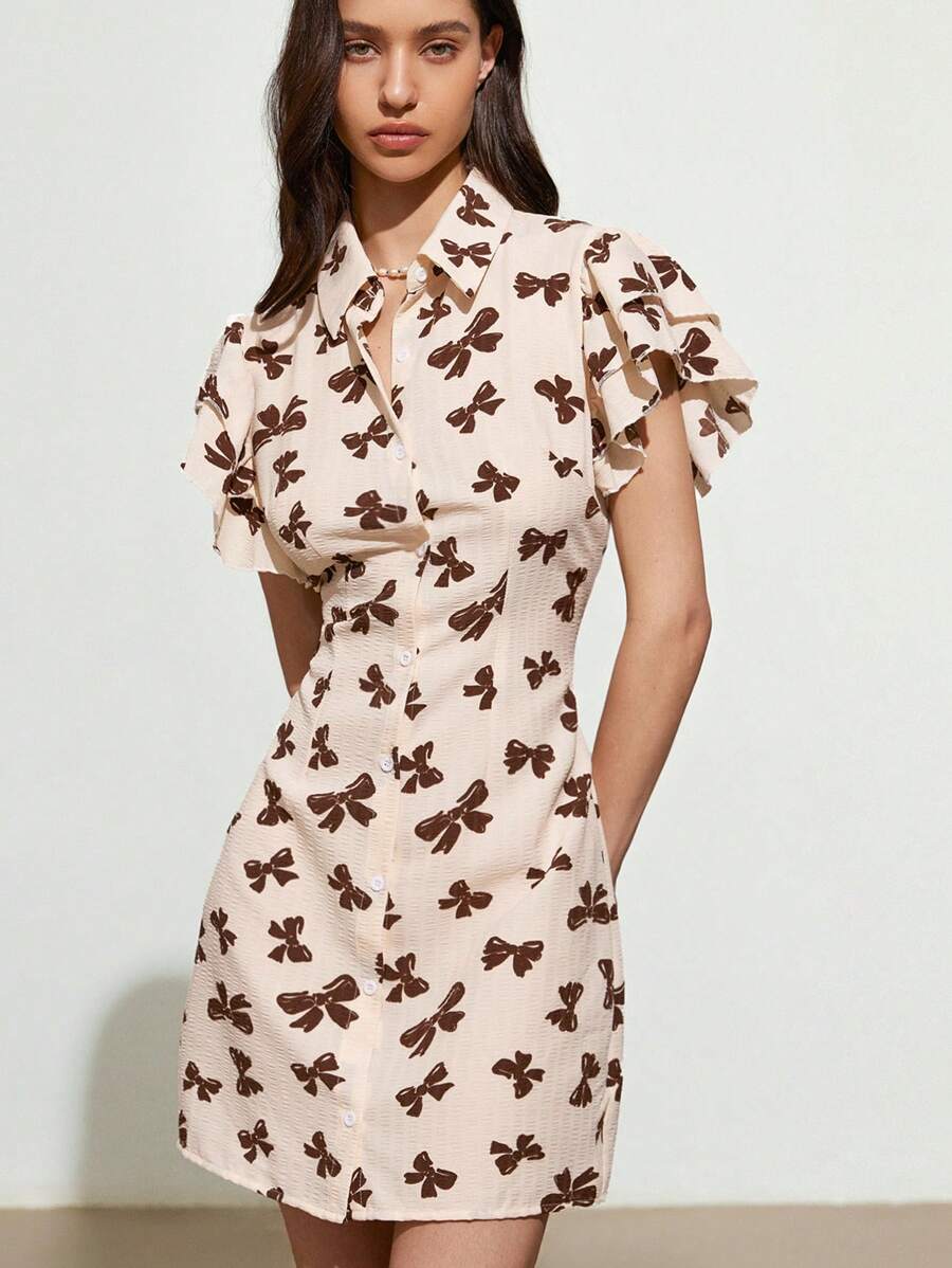 SHEIN Unity Gaun Mini Pas Badan Lengan Pendek Dua Lapis Elegan dengan Motif Pita Kontras Warna untuk Wanita, Model Baru, Manis, Sederhana, Elegan, Cocok untuk Komuter. - MultiWarna - View 1