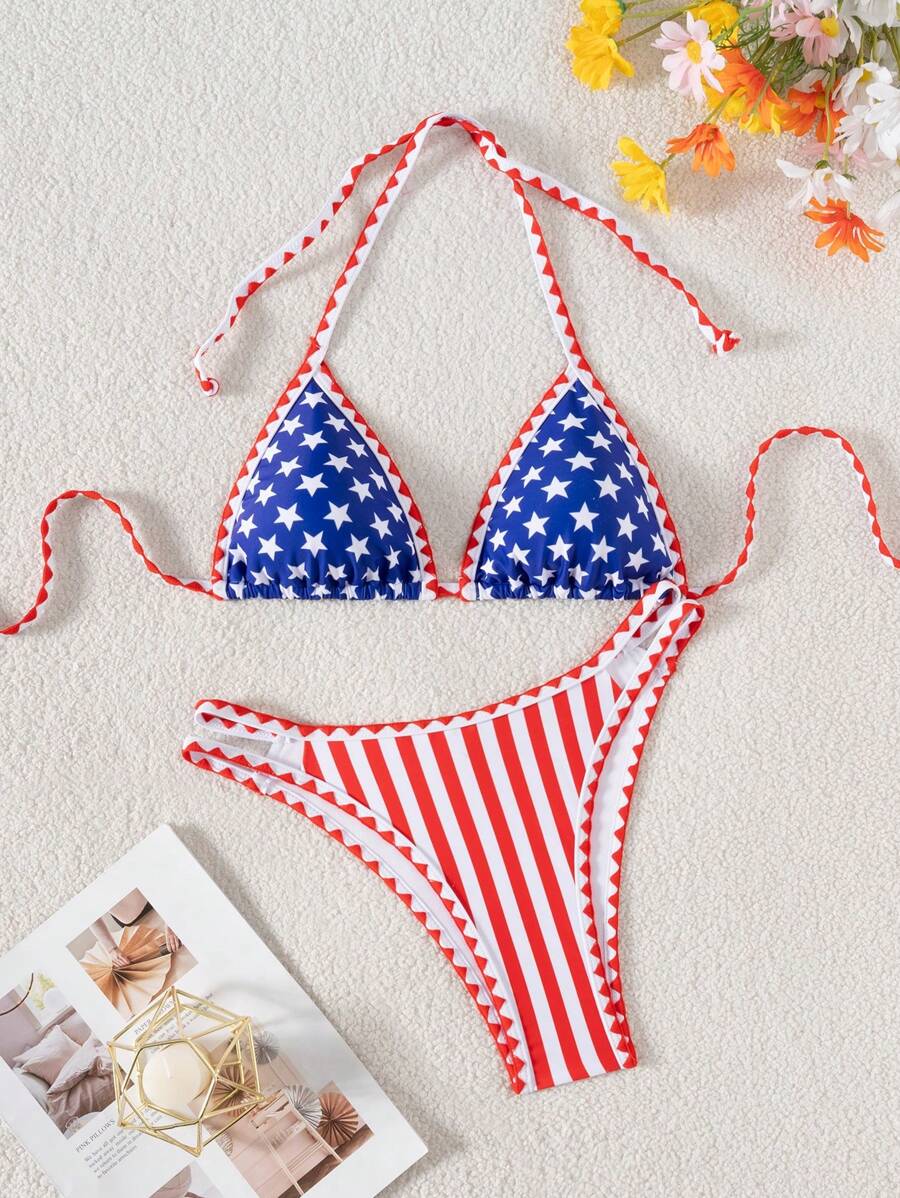 SHEIN Swim Women Star & Stripe USA Flag Print Beach Vacation Halter Bikini Set, 4th Of July For Summer - Multicolor - View 1