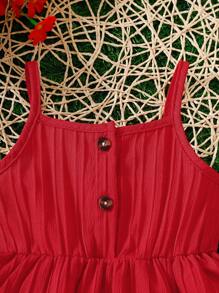 Baby Girl Solid Color Button Design Casual Cami Dress - Red - View 3