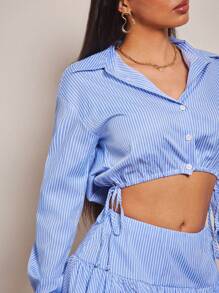 Vixey Stripe Drawstring Hem Button Up Collared Crop Shirt, Business Casual For Women, Spring Tops, Summer Tops - Multicolor - View 5