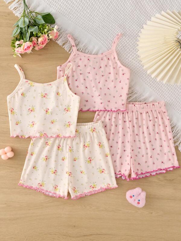 Set de 2 piezas de pijama informal y cómodo con camiseta de tirantes con volantes y shorts con estampado floral ditsy para niñas