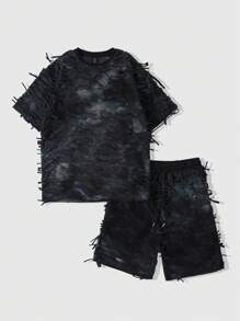 ROMWE MEN Grunge Punk Men's Grunge Distressed Frayed T-Shirt And Shorts Set - Multicolor - View 1