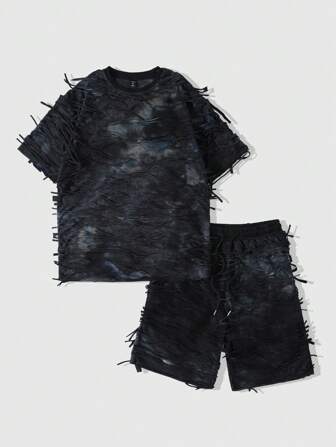 Men's Grunge Distressed Frayed T-Shirt And Shorts Set