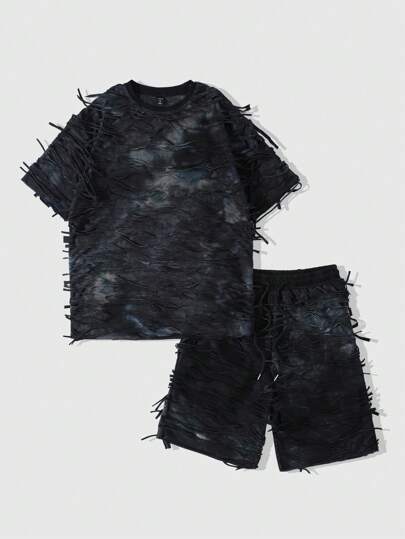 Ensemble de t-shirt et short déformés et effilochés pour homme