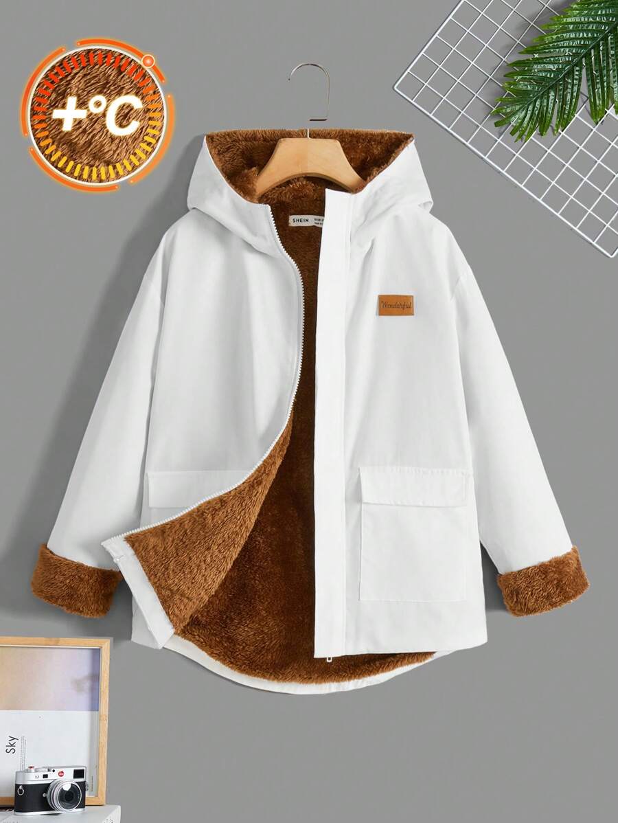 SHEIN Tween Boys' Casual Patched Thermal Lined Woven Jacket - White - View 1