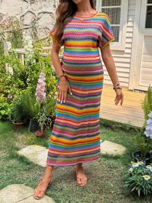SHEIN Maternity Colorful Striped Round Neck Batwing Sleeve Casual Dress For Vacation - Multicolor - View 3