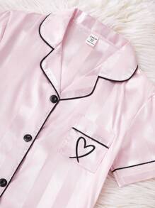 3pcs/Set Girls' Casual Watermelon Striped Short Sleeve Cardigan, Shorts And Pants Pajama Set - Dusty Pink - View 4