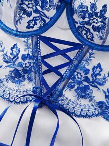 2 piezas Conjunto de lencería transparente con bordado floral sexy para mujeres
