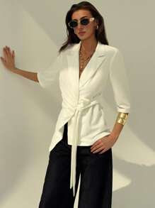 Aloruh Chaqueta tipo blazer de traje de mujer unicolor con cinturón de amarre, para la oficina y paseos, de estilo sencillo y elegante, corte ajustado, blanca, con lazo en el frente