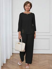Miaspire Conjunto de 2 piezas de camisa y pantalones de unicolor casual y de oficina para mujeres
