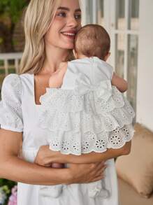 Newborn Baby Girl Cute White Embroidery Sleeveless Ruffle Hem Dress, Summer - White - View 4