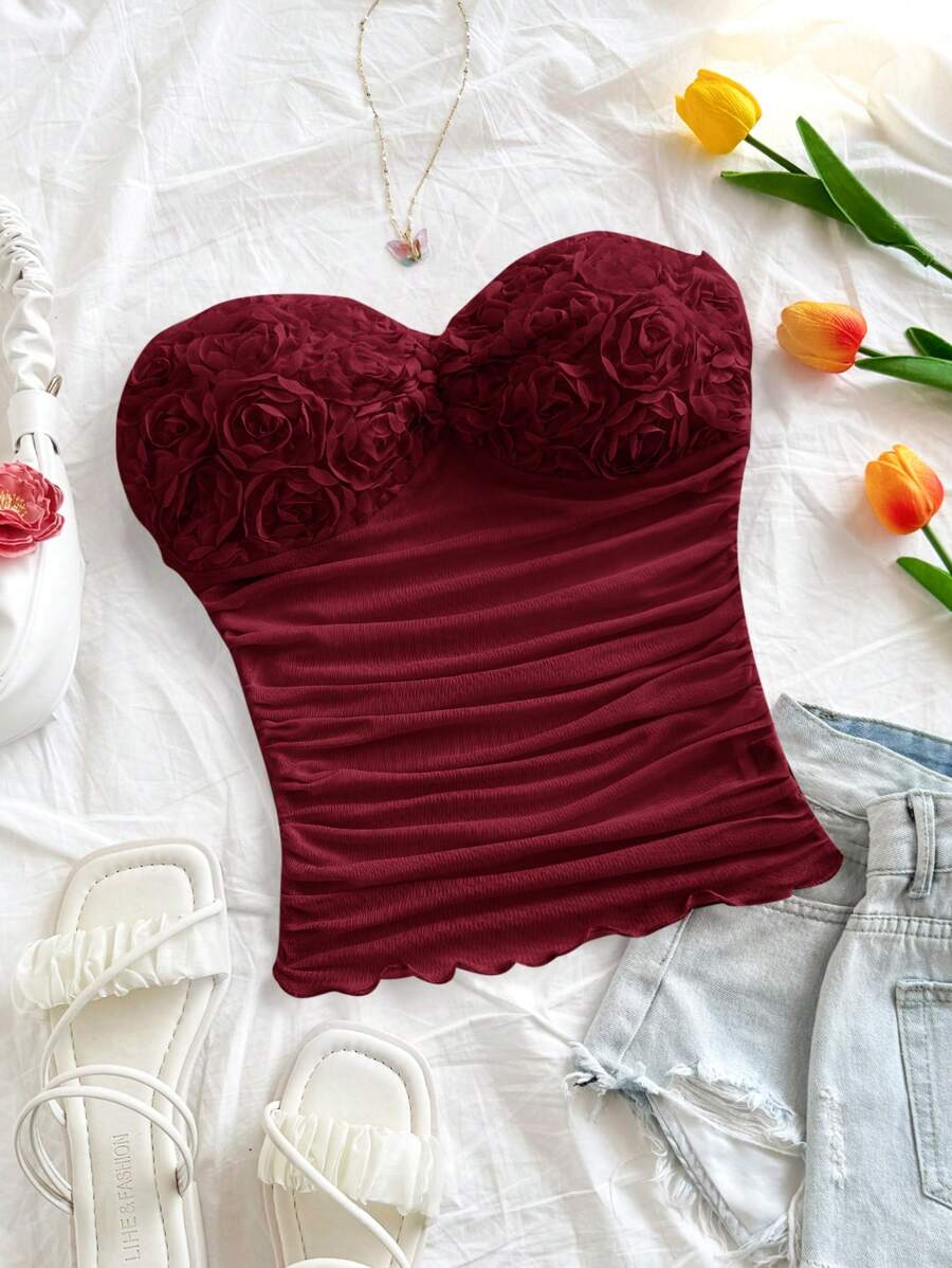 Soleia 女士纯色褶饰 3D 玫瑰抹胸短款上衣情人节夏季女士抹胸上衣 - 酒紅色 - 查看 1