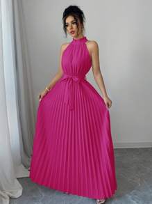 Selianne Váy xếp ly chữ A cổ bèo nhún lãng mạn thanh lịch cho ngày lễ tình nhân dành cho nữ - Màu Hồng Tươi - Xem 5