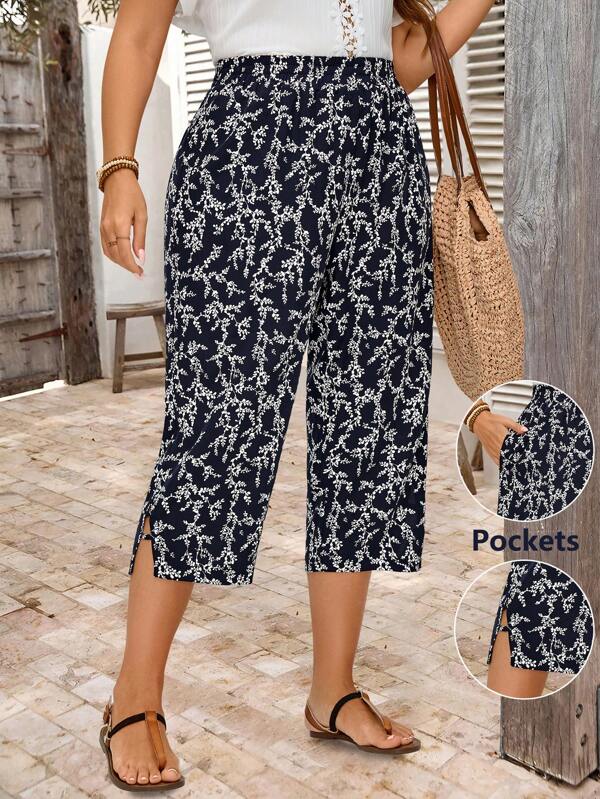 EMERY ROSE Plus Size Women Casuall  Navy Ditsy Floral Capri Pants With Pockets, Summer Holiday,Vacation Outfits Women,Simple And Fashionable For Everyday Wear