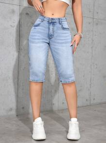 SHEIN EZwear Women's Pocket Skinny Capri Jeans, Versatile - Light Wash - View 1