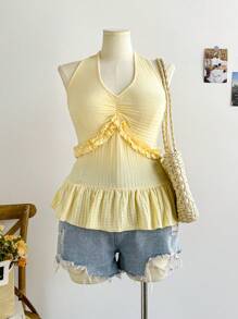 Soleia Plus Size Women Spring Yellow Halter Tie-Up A-Line Top, Suitable For Tea Time, Countryside, Beach, Romantic Understyle - Yellow - View 1