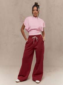 MISSGUIDED 超大褶皱T恤气球袖宽松版型运动休闲束腰锻炼休闲夏季春季顶级街头服饰周末必备 - 藕粉色 - 查看 4