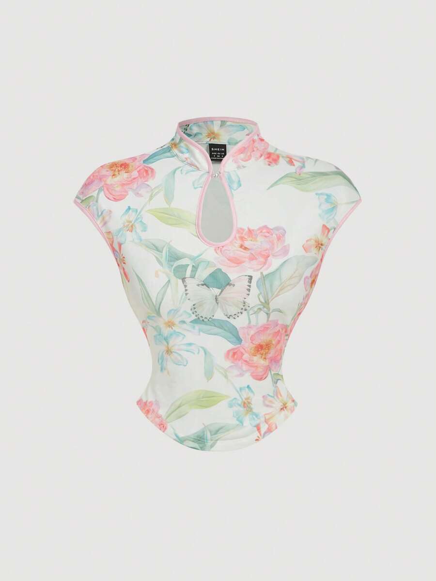 SHEIN MOD 女士粉色印花中国旗袍领针织上衣 - 白色 - 查看 1