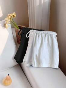 Comfortcana 2 件装女士新款亚麻条纹短裤 - 黑與白 - 查看 6