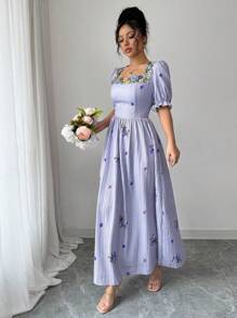 Mulvari 女士夏季假期花卉印花刺绣拼布方领泡泡袖连衣裙长款女装 - 藍色 - 查看 6