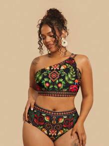 Travachic Maiô Bikini Estampado Tropical com Detalhe Recortado e Decote Halter, em 2 Peças, para Mulheres Plus Size, Casual para Férias na Praia