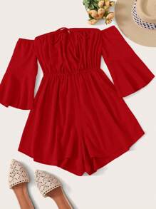 SHEIN VCAY Plus Size Women Off-Shoulder Solid Color Long Sleeve Jumpsuit Romper - Red - View 3