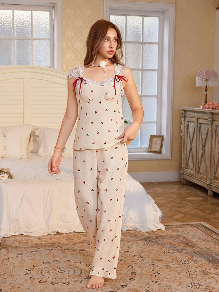 CottageSlumber Romantic Cherry Bud Ruffled Lace Patchwork Bowknot Decor Women Pajama Set Bowknot - Apricot - View 5