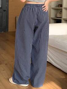 Dazy Plus Plus Size Loose Elastic Waist Striped Drawstring Pajama Cozy Pants, All Season, Fall & Winter - Navy Blue - View 2