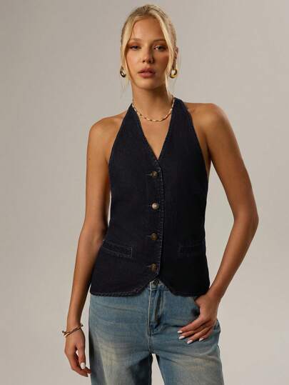 SHEIN Forever 21 春季新款女式露背露袖水洗牛仔系带牛仔上衣