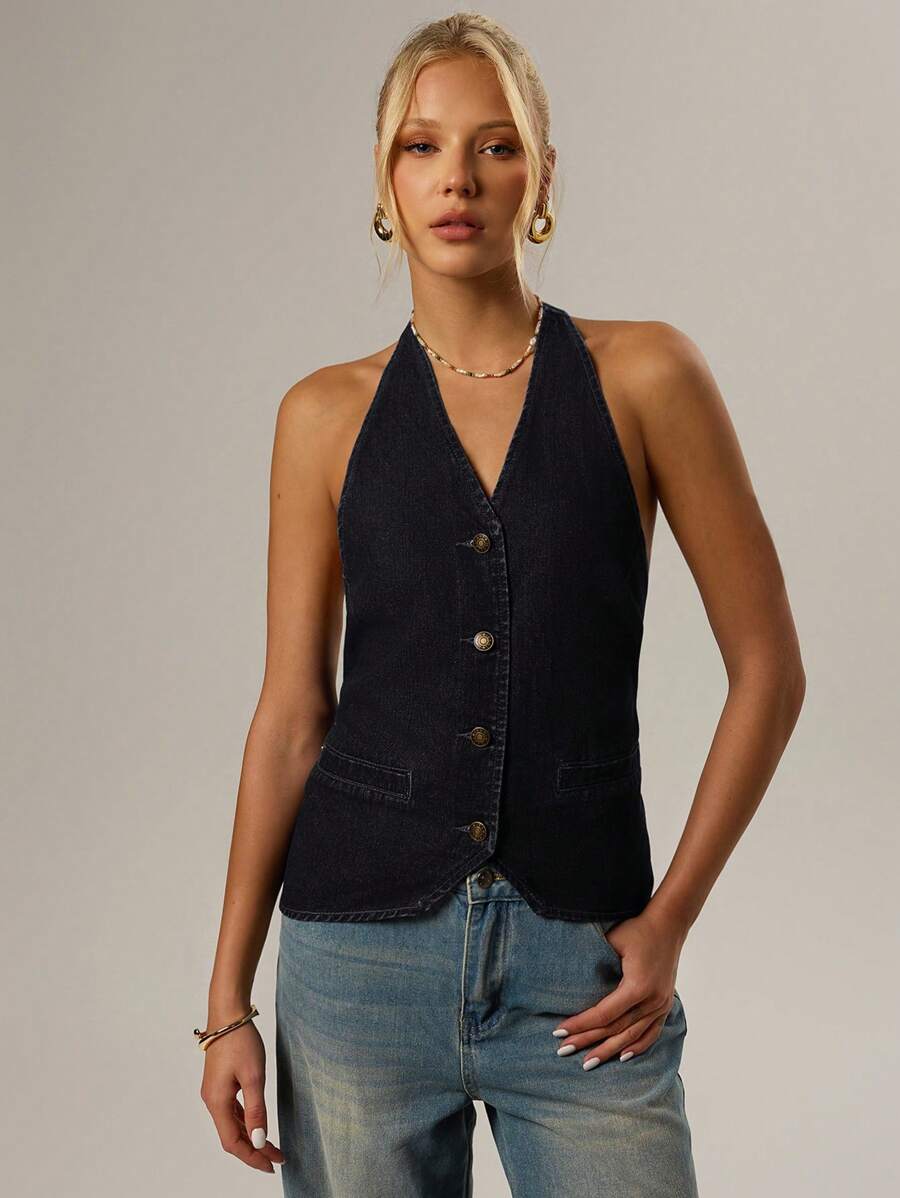 SHEIN Forever 21 Spring New Halter Sleeveless Backless Washed Denim Tie Strap Denim Top For Women - Black - View 1