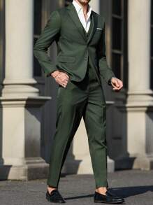 Manfinity Mode 男士纯色单排扣背心、长袖夹克和裤子商务西装套装男士婚礼西装男士正装男士正装，老钱风格