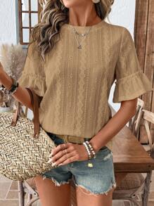 SHEIN LUNE White Crew Neck Knit Texture Women T-Shirt With Ruffle Sleeves, Casual & Versatile - Khaki - View 3