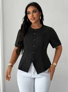 SHEIN Unity Plus Size Women's Solid Color Round Neck Casual Button-Up Shirt - Black - View 5